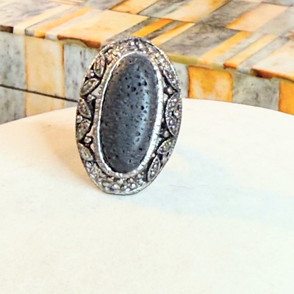 Vintage Lava Stone Statement Ring Oval Silver Tone Filigree Adjustable